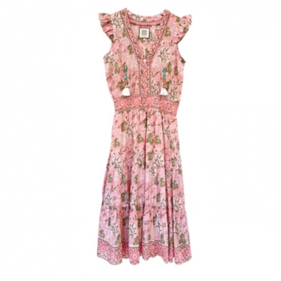 Bell by Alicia bell Lola midi floral pink dress shell tassel size large - Picture 1 of 7